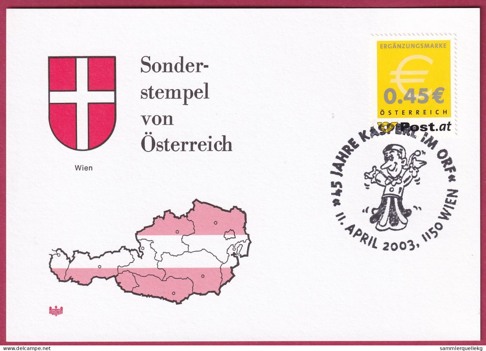 Österreich MNr. 2402 Sonderstempel 11. April 2003, 45 Jahre Kasperl Im ORF - Briefe U. Dokumente