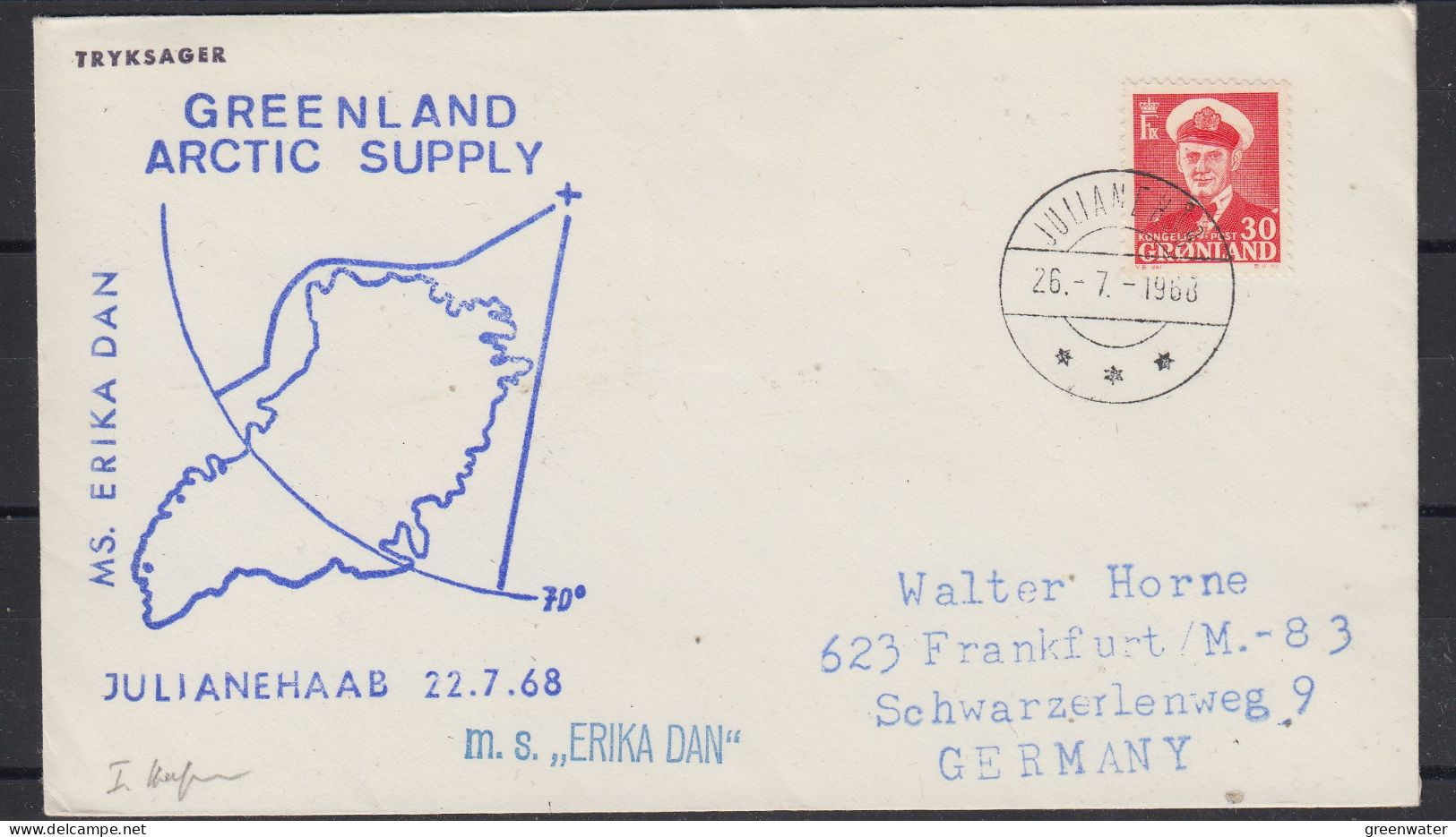 Greenland 1968 Greenland Arctic Supply Ms Erika Dan Ca Julianehaab 26.7.1968 Cover (ZO186) - Lettres & Documents