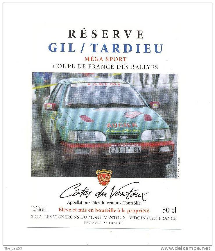 Etiquette De Vin Côtes Du Ventoux - Réserve Gil/Tardieu  Coupe De France Des Rallyes - Bédouin (84) - Corse Automobilistiche