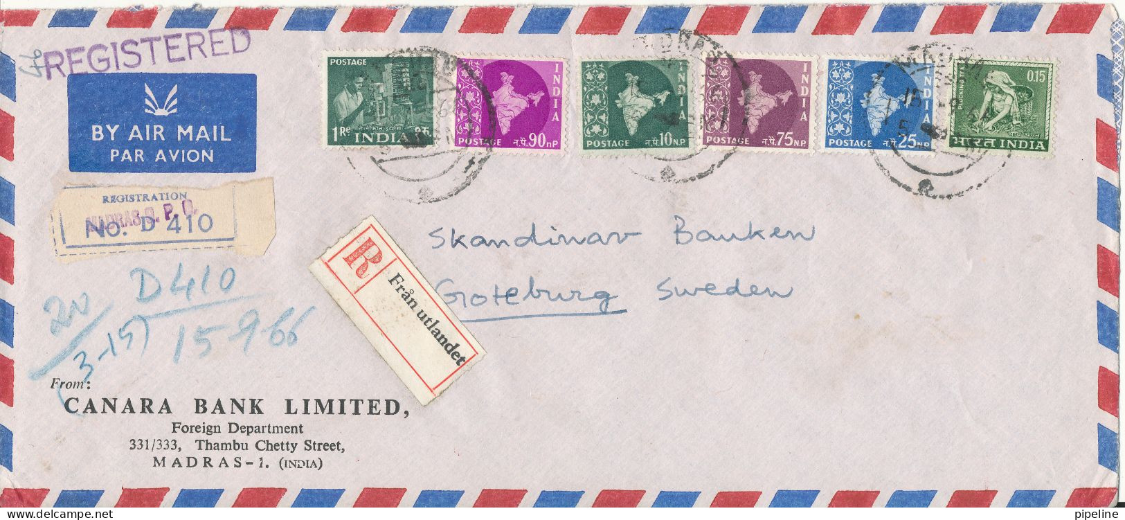 India Registered Air Mail Cover Sent To Sweden 15-9-1966 Topic Stamps - Corréo Aéreo