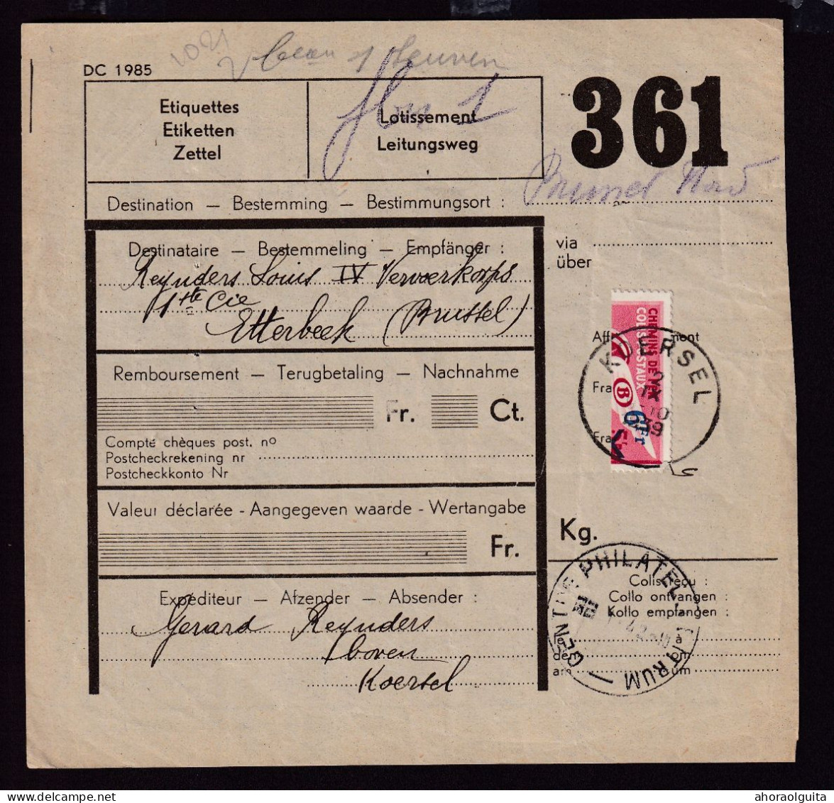 DDFF 765 -- Formule De Colis Militaire - TP Chemin De Fer Coupé En Deux Cachet Postal KOERSEL - 1er Jour 2 IX 1939 - Dokumente & Fragmente