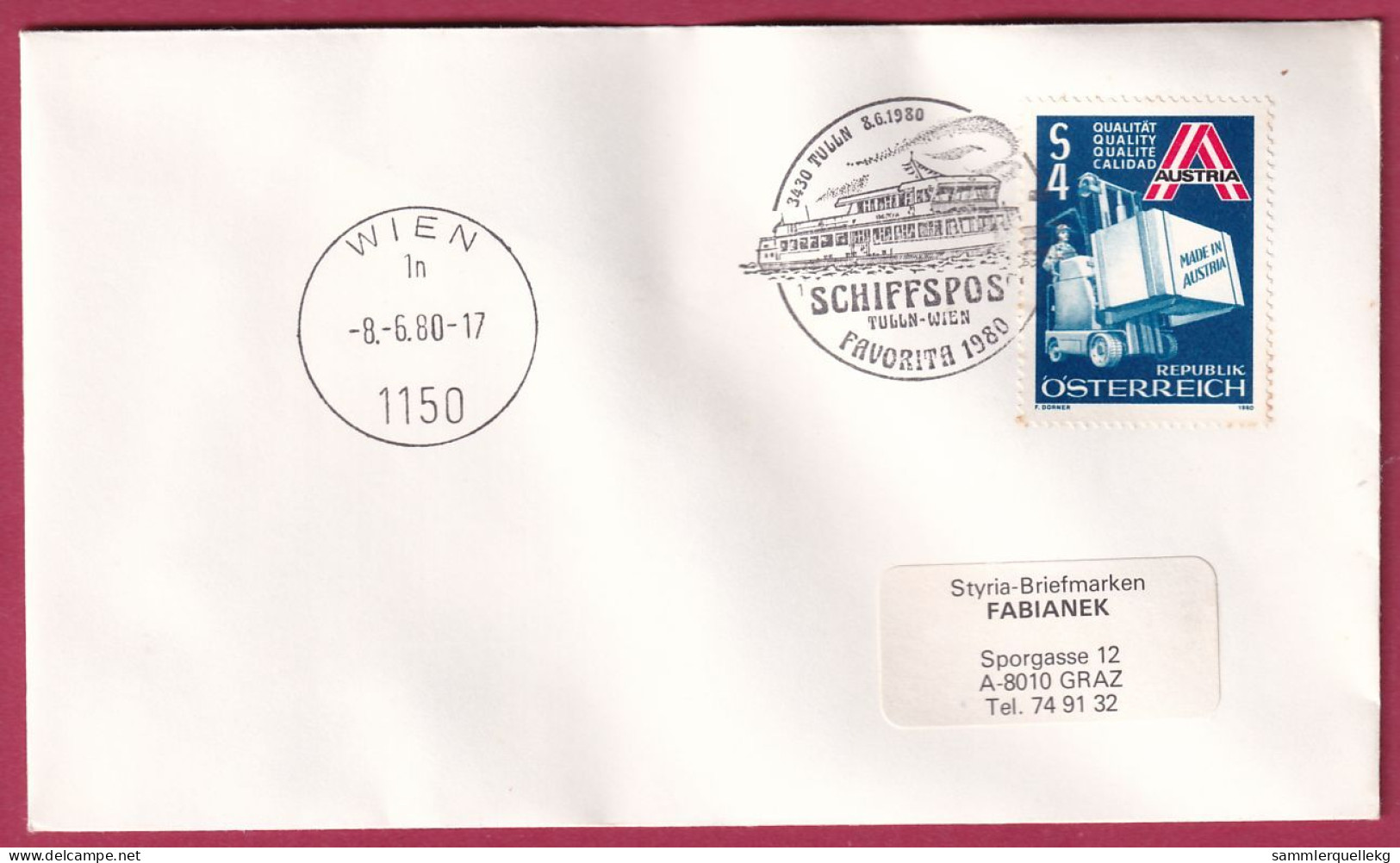 Österreich MNr.1633 Sonderstempel 8. 6. 1980 Schiffspost Tulln - Wien - Covers & Documents