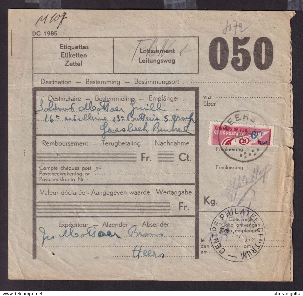 DDFF 766 -- Formule De Colis Militaire - TP Chemin De Fer Coupé En Deux Cachet Postal HEERS - 1er Jour 2 IX 1939 - Documents & Fragments