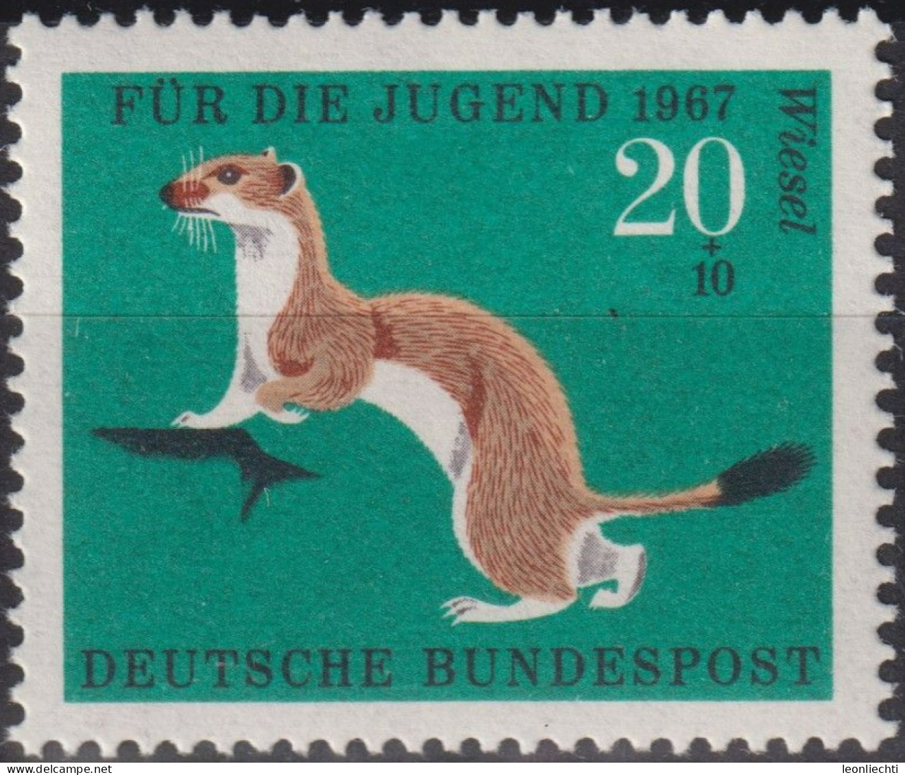 1967 Deutschland > BRD, ** Mi:DE 530, Sn:DE B423, Yt:DE 388, Hermelin, Stoat (Mustela Erminea), Pelztiere - Selvaggina