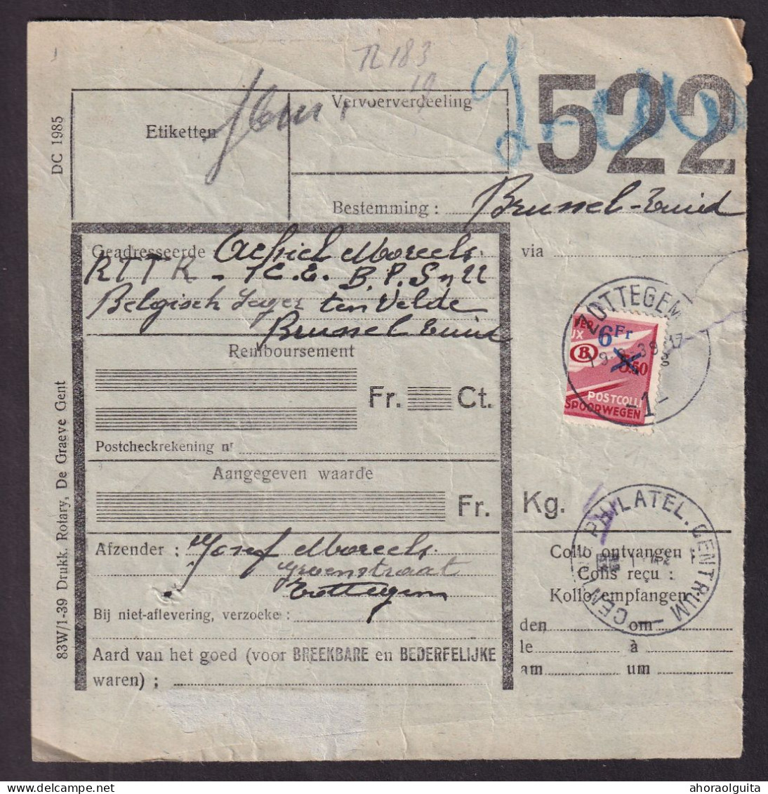 DDFF 771 -- Formule De Colis Militaire - TP Chemin De Fer Coupé En Deux Cachet De Gare Dit "Moustache" ZOTTEGEM 1 - Documents & Fragments