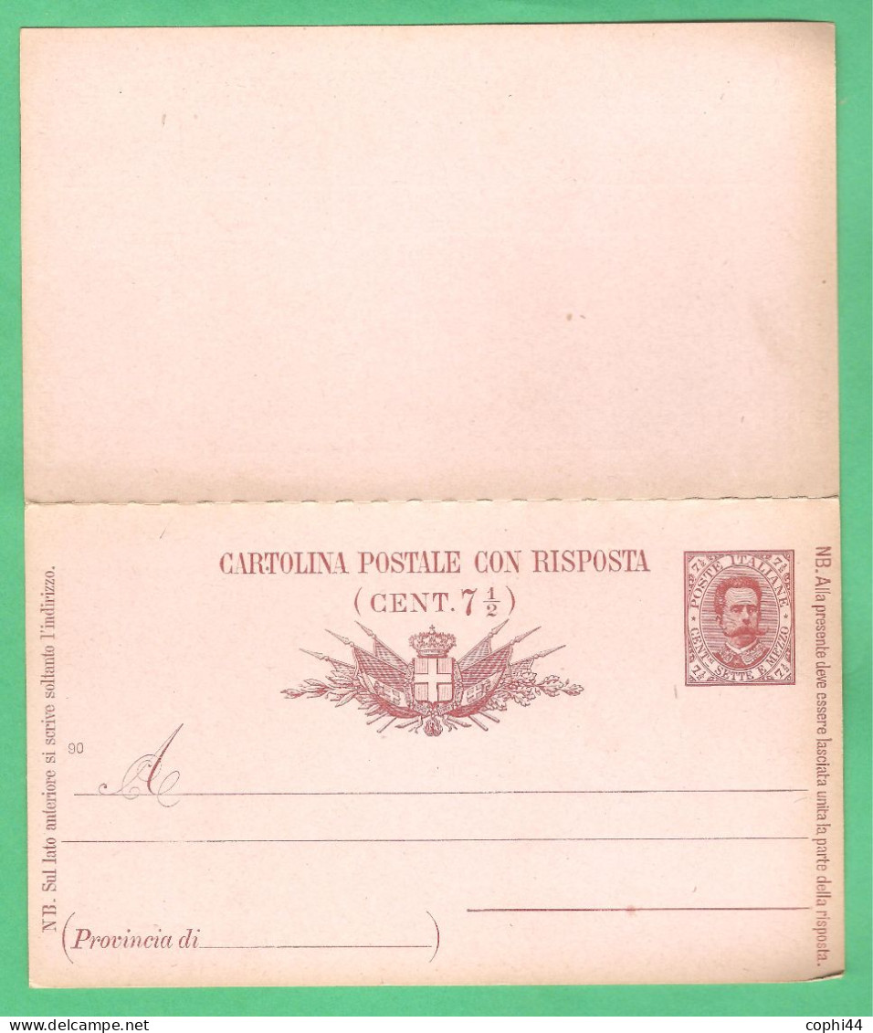 REGNO D'ITALIA 1889 CARTOLINA POSTALE BIGOLA UMBERTO I DOMANDA+RISPOSTA Mil. 90 (FILAGRANO C16) C 7,5+7,5 NUOVA - Interi Postali
