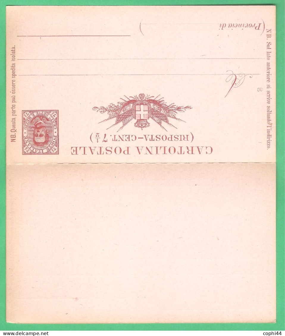 REGNO D'ITALIA 1889 CARTOLINA POSTALE BIGOLA UMBERTO I DOMANDA+RISPOSTA Mil. 90 (FILAGRANO C16) C 7,5+7,5 NUOVA - Stamped Stationery