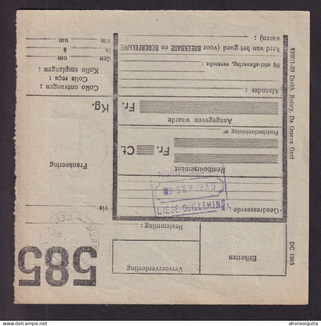 DDFF 774 -- Formule De Colis Militaire - TP Chemin De Fer Coupé En Deux Cachet De Gare Dit "Moustache" ESNEUX  1 - Documents & Fragments