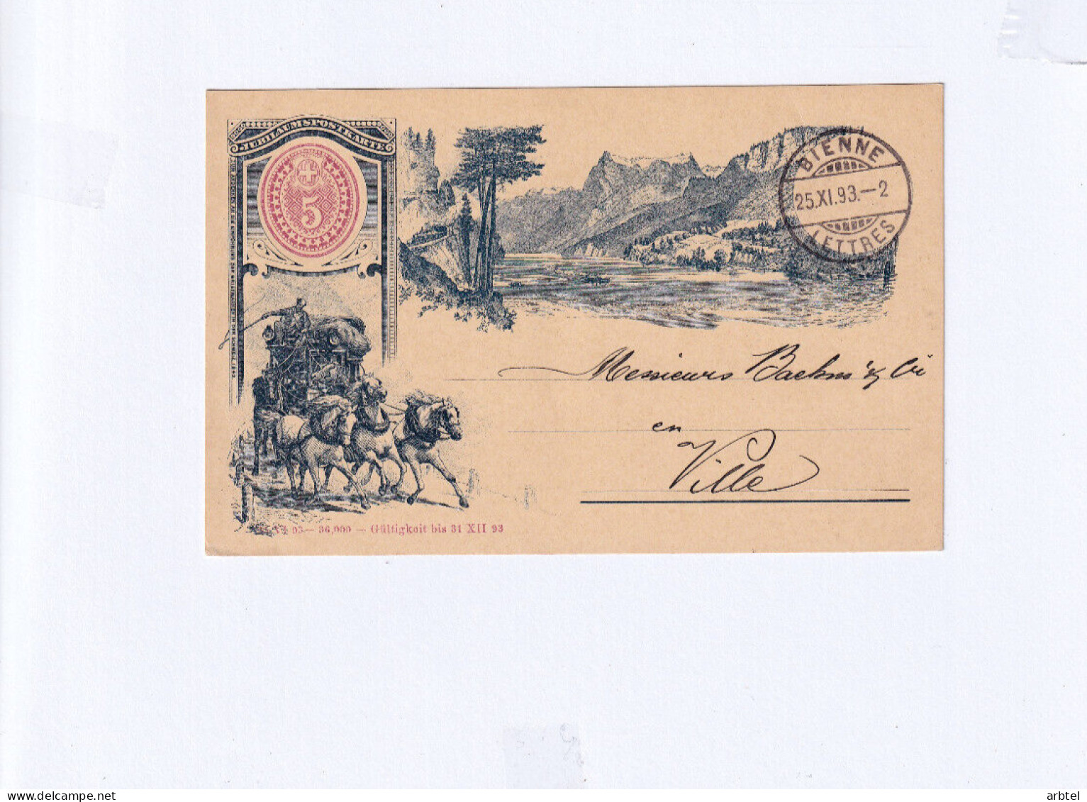 SUIZA ENTERO POSTAL 1893 TRANSPORTE CORREO DILIGENCIA STAGE COACH MAT BIENNE - Kutschen