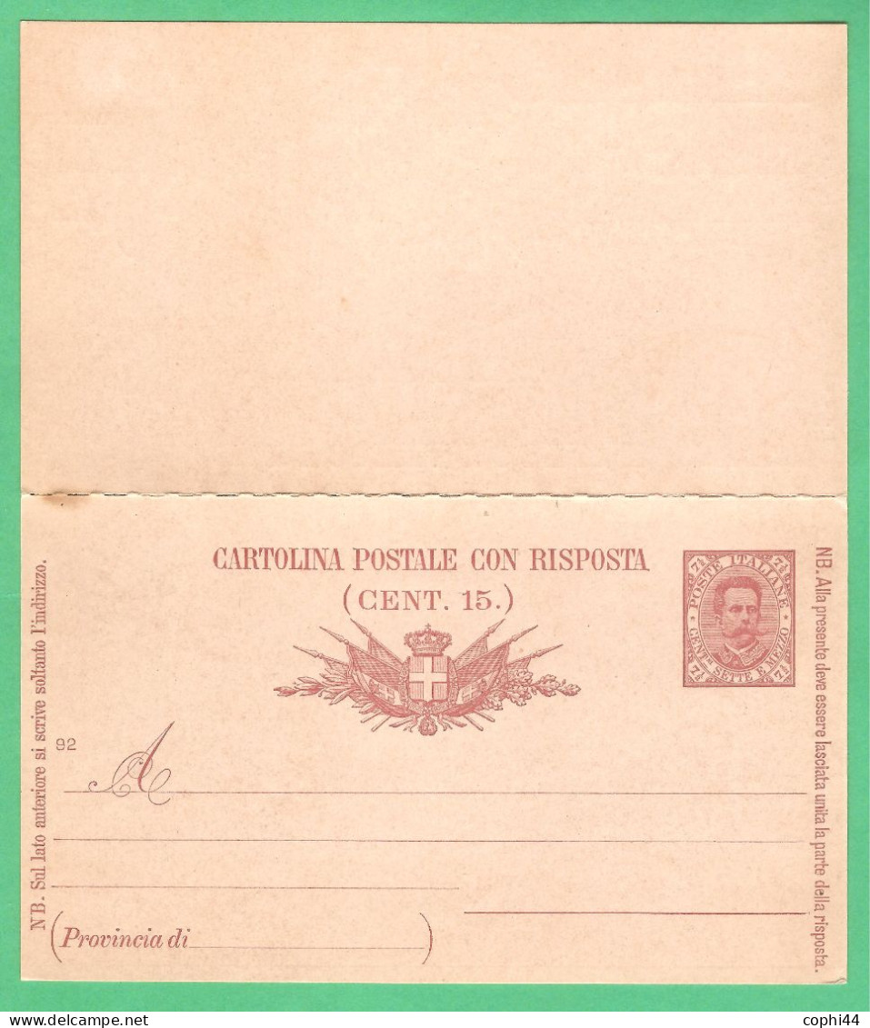 REGNO D'ITALIA 1891 CARTOLINA POSTALE BIGOLA UMBERTO I DOMANDA+RISPOSTA Mil. 92 (FILAGRANO C19) C 7,5+7,5 NUOVA - Stamped Stationery