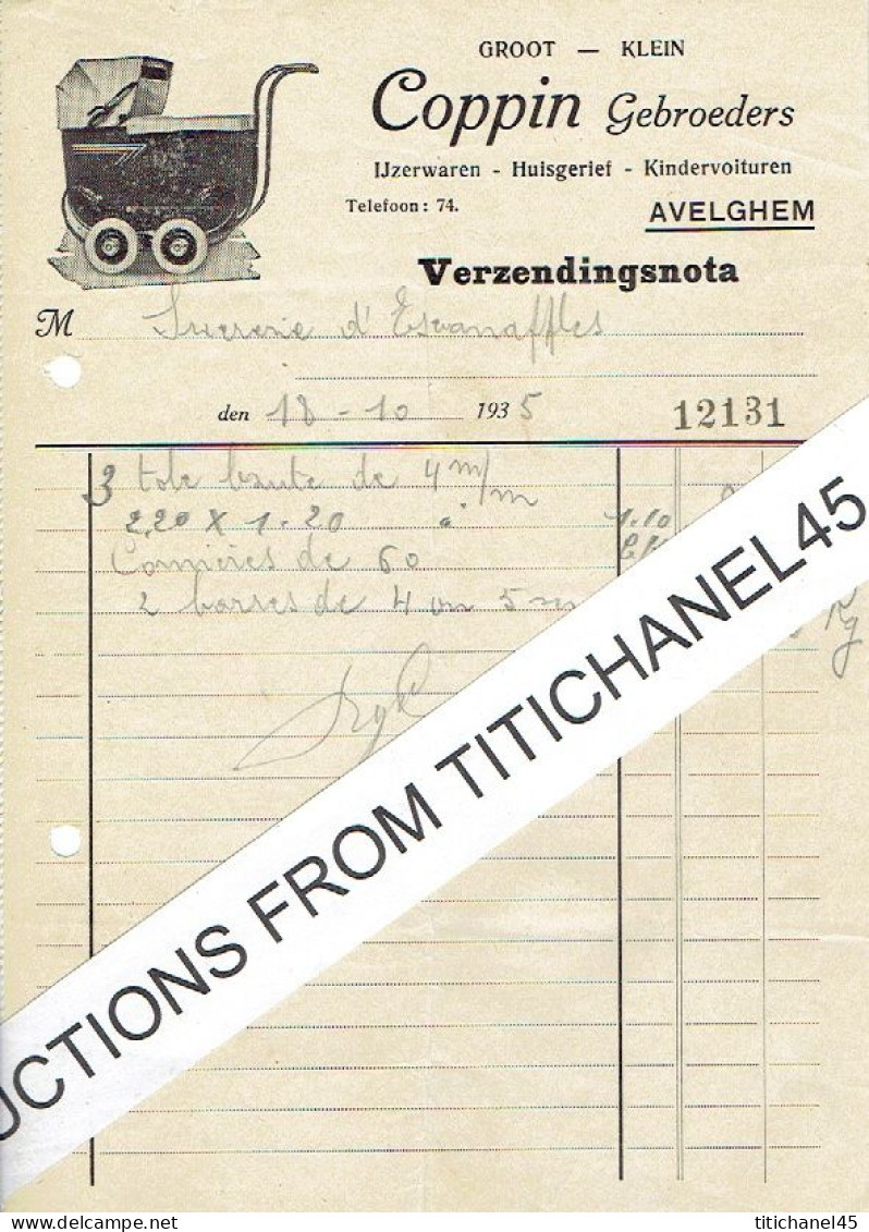 1935 AVELGHEM - COPPIN Gebroeders - Kindervoituren - Ijzerwaren - Huisgerief - Sonstige & Ohne Zuordnung