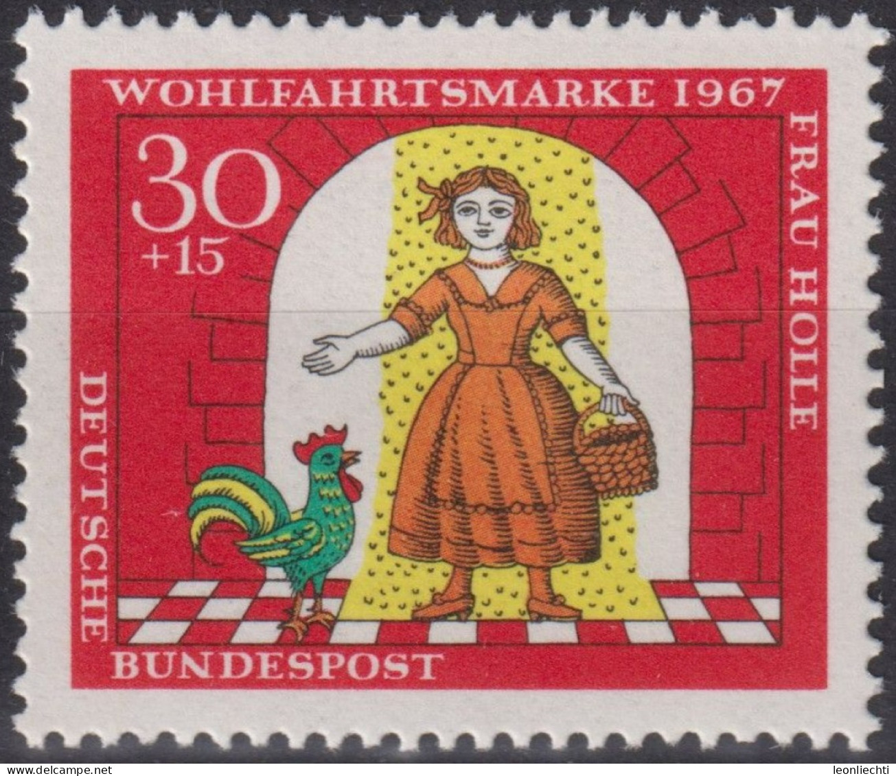 1967 Deutschland > BRD, ** Mi:DE 540, Sn:DE B428, Yt:DE 405, Frau Holle, Märchen Der Brüder Grimm Huhn / Hahn - Fairy Tales, Popular Stories & Legends