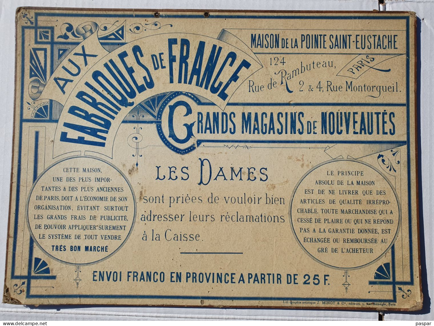 Affiche publicitaire calendrier 1893 - 38,5x28cm - Aux Fabriques de France - carton très épais - Lithographie J. Minot