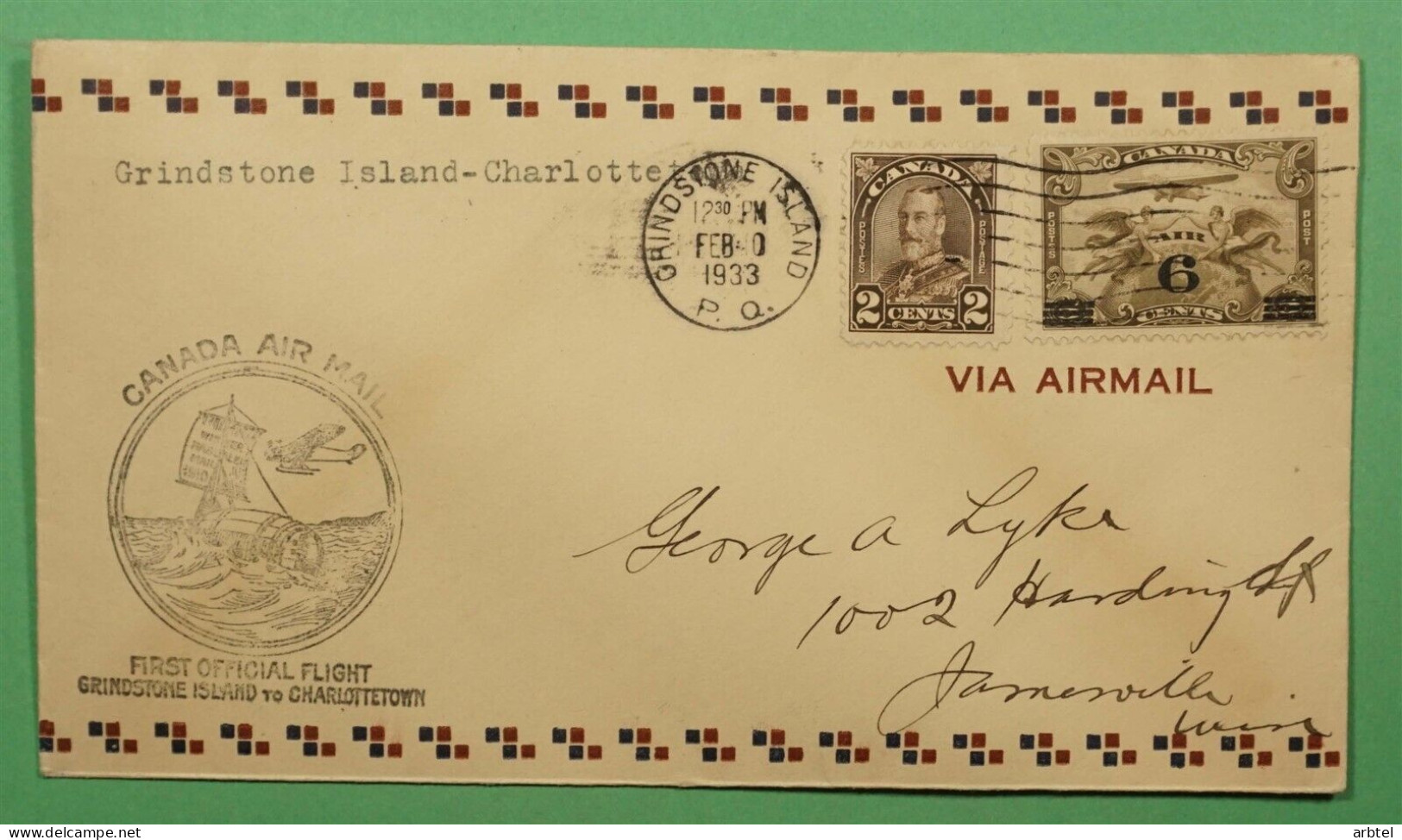 CANADA PRIMER VUELO 1933 GRINDSTONE ISLAND TO CHARLOTTETOWN BARREL MAIL - Autres (Mer)