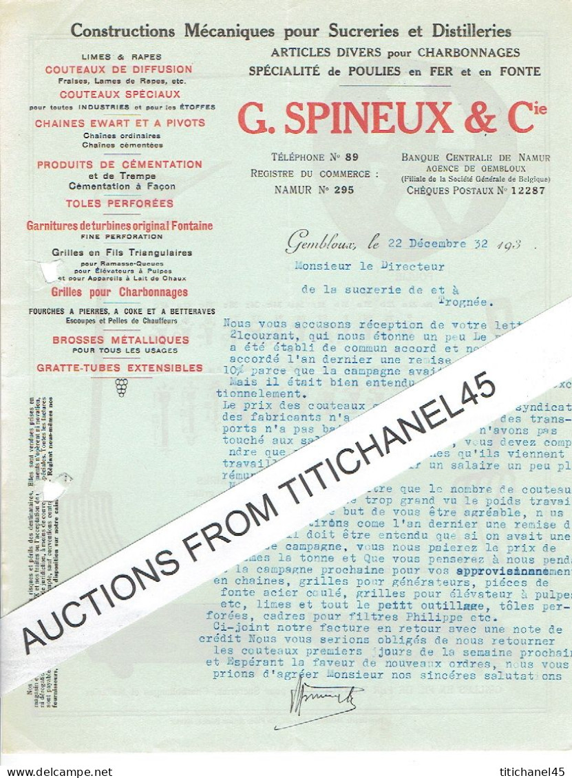 1932 GEMBLOUX - G. SPINEUX & Cie - Contructions Mécaniques Pour Sucreries Et Distilleries, Poulies En Fer & En Fonte - Autres & Non Classés