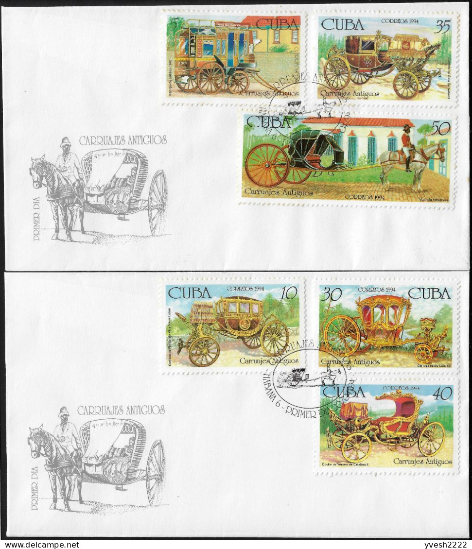 Cuba 1994 Y&T 3364 à 3369 Sur 2 FDC. Véhicules Anciens, Attelages. Voiture Publique 1860, Louis XV... - Diligences
