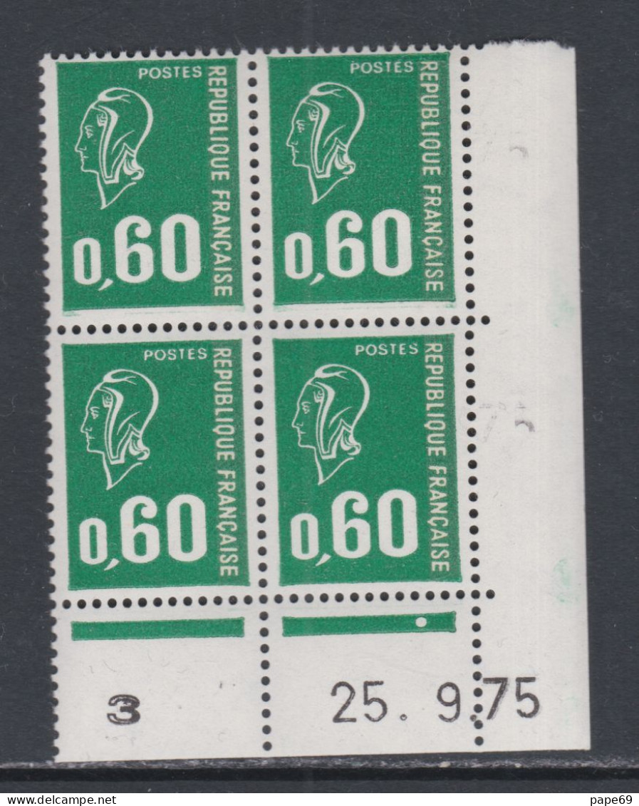 France N° 1814 XX Marianne Béquet : 60 C. Vert En Bloc De 4 Coin Daté Du 25 . 9. 75 ; 1 Point Blanc, Ss Charnière, TB - 1970-1979