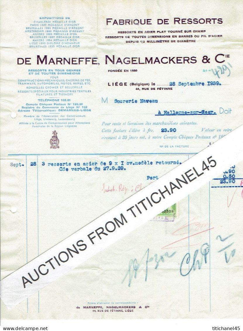 1939 LIEGE - De MARNEFFE NAGELMACKERS - Fabrique De Ressorts Pr Chemins De Fer, Tramways, Autos, Motos, Armes - Autres & Non Classés