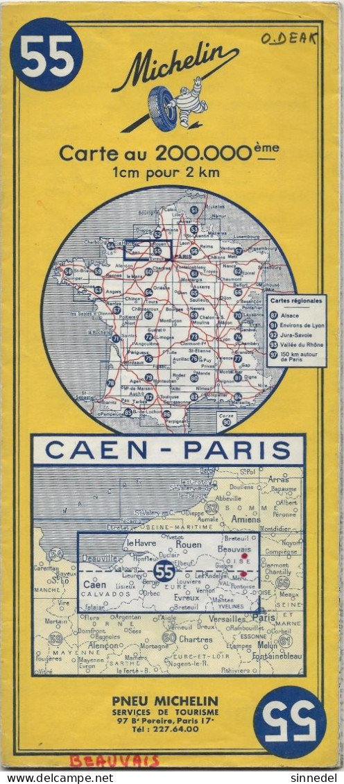 CARTE FRANCE  MICHELIN 55 CAEN PARIS - Wegenkaarten