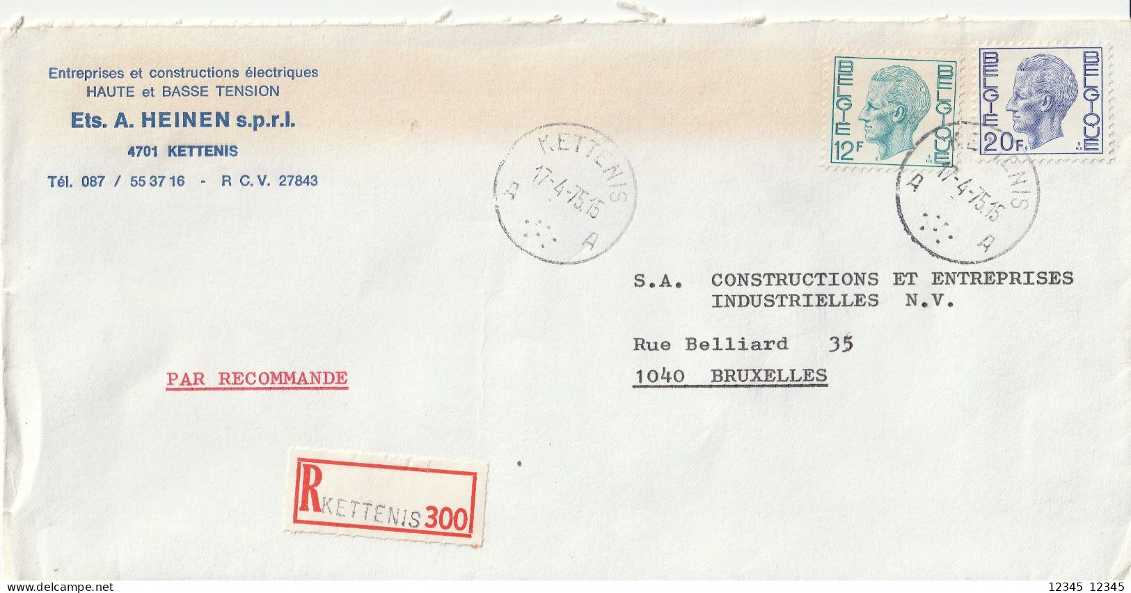1975, Ets. A. Heinen, Registered Letter From Kettenis To Brussel - Covers & Documents