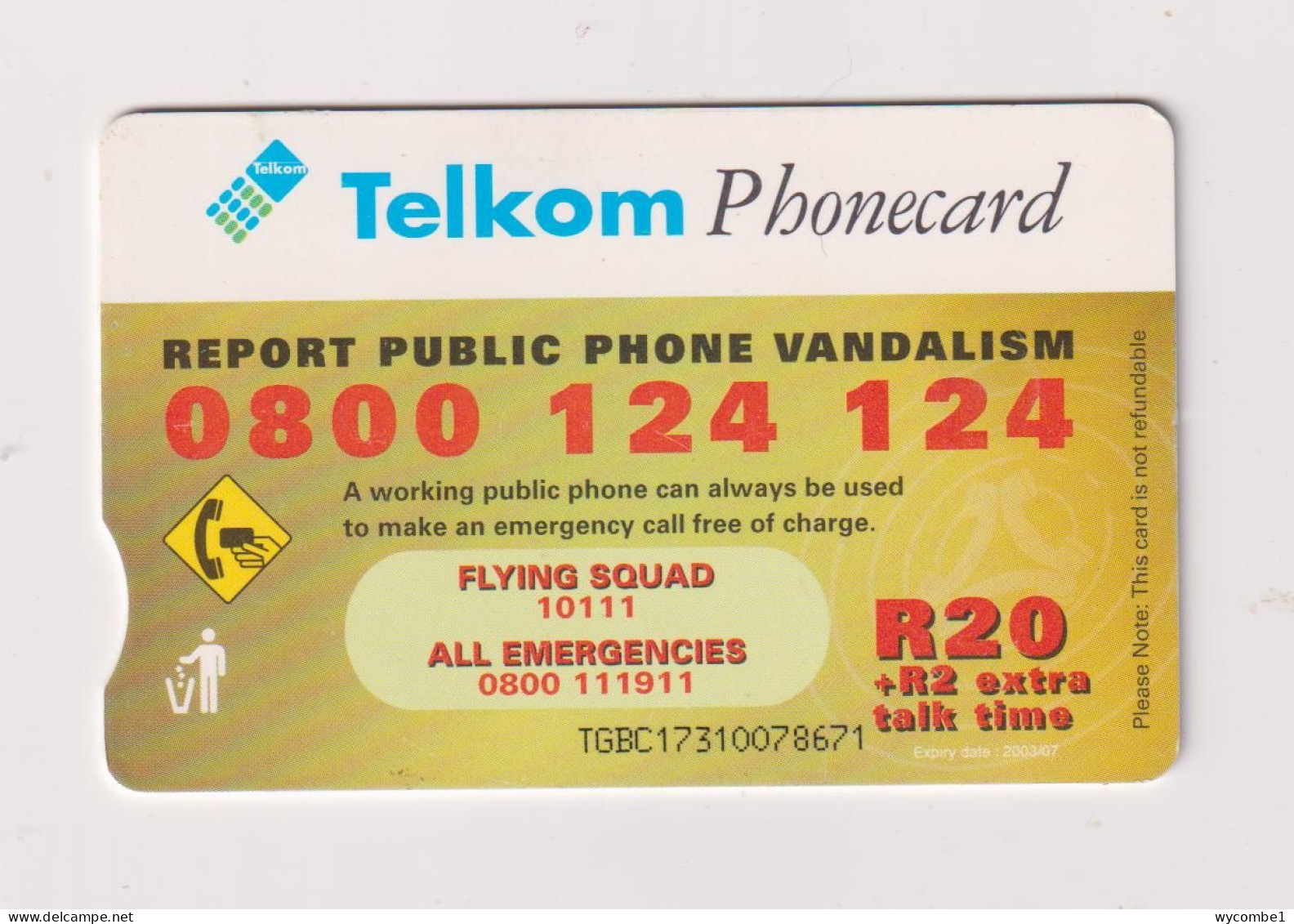 SOUTH AFRICA -  Prevent Vandalism  Chip  Phonecard - Afrique Du Sud