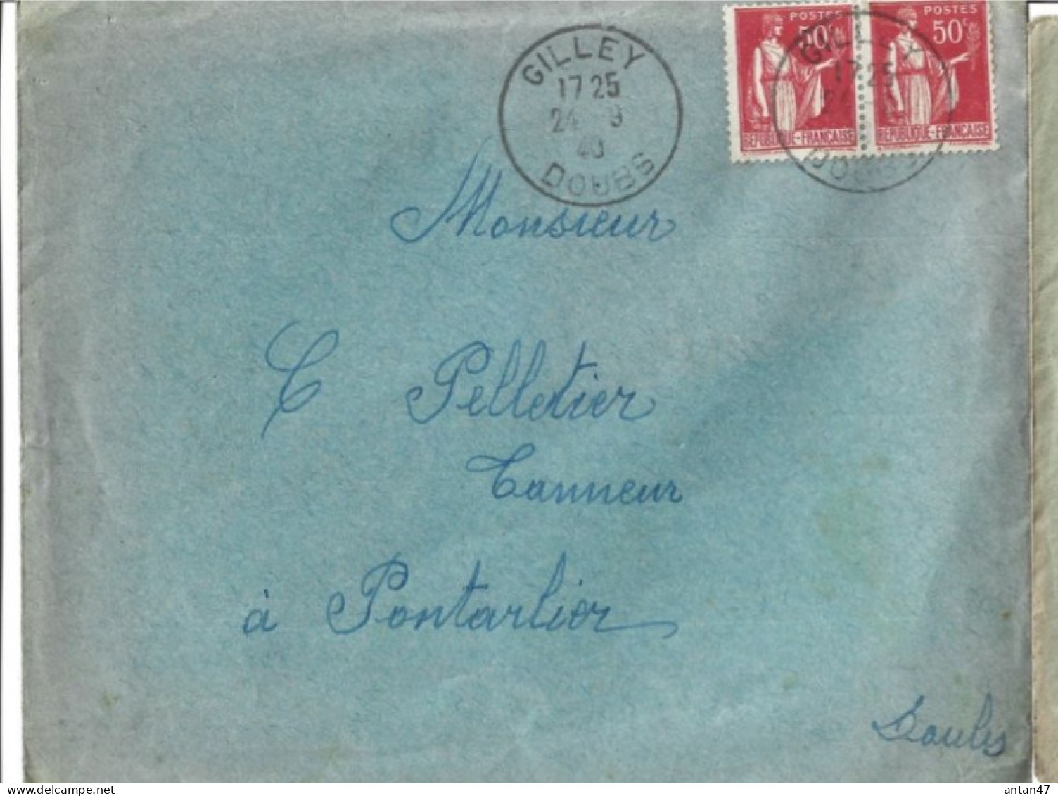 Enveloppe 1940 Timbre Type Paix 50c / Oblitération 25 GILLEY Pour Tanneur Pelletier à Pontarlier - 1932-39 Paz