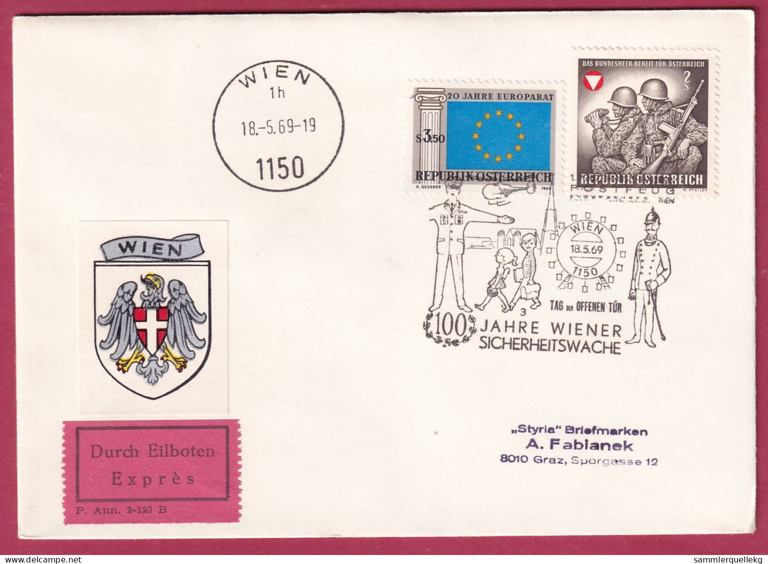 Österreich MNr.1292 Und 1293 Mit Sonderstempel 18. 5.1969 Durch Eilboten,100 Jahre Sicherheitswache - Covers & Documents