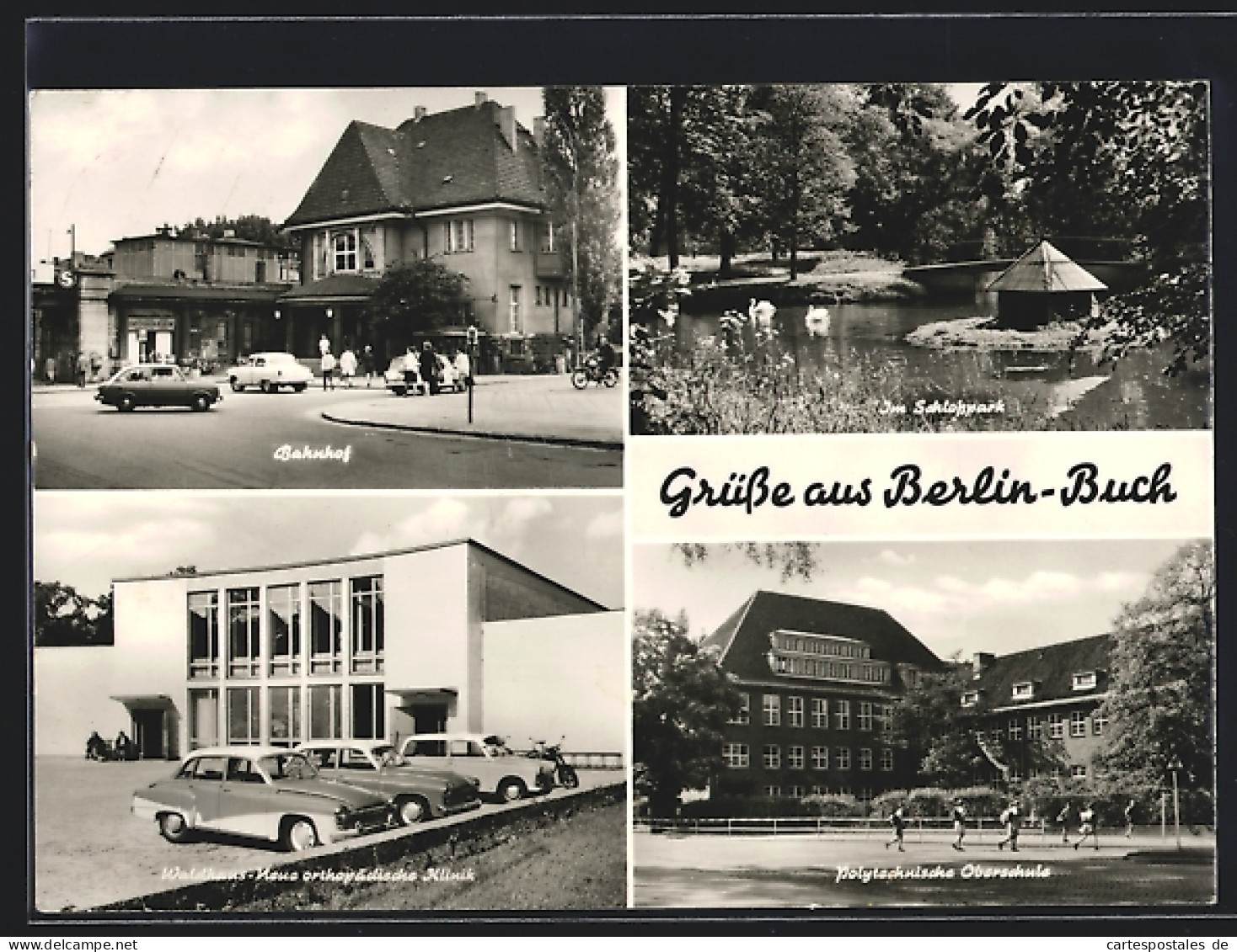 AK Berlin-Buch, Bahnhof, Im Schlosspark, Neue Orthopädische Klinik Waldhaus, Polytechnische Oberschule  - Buch