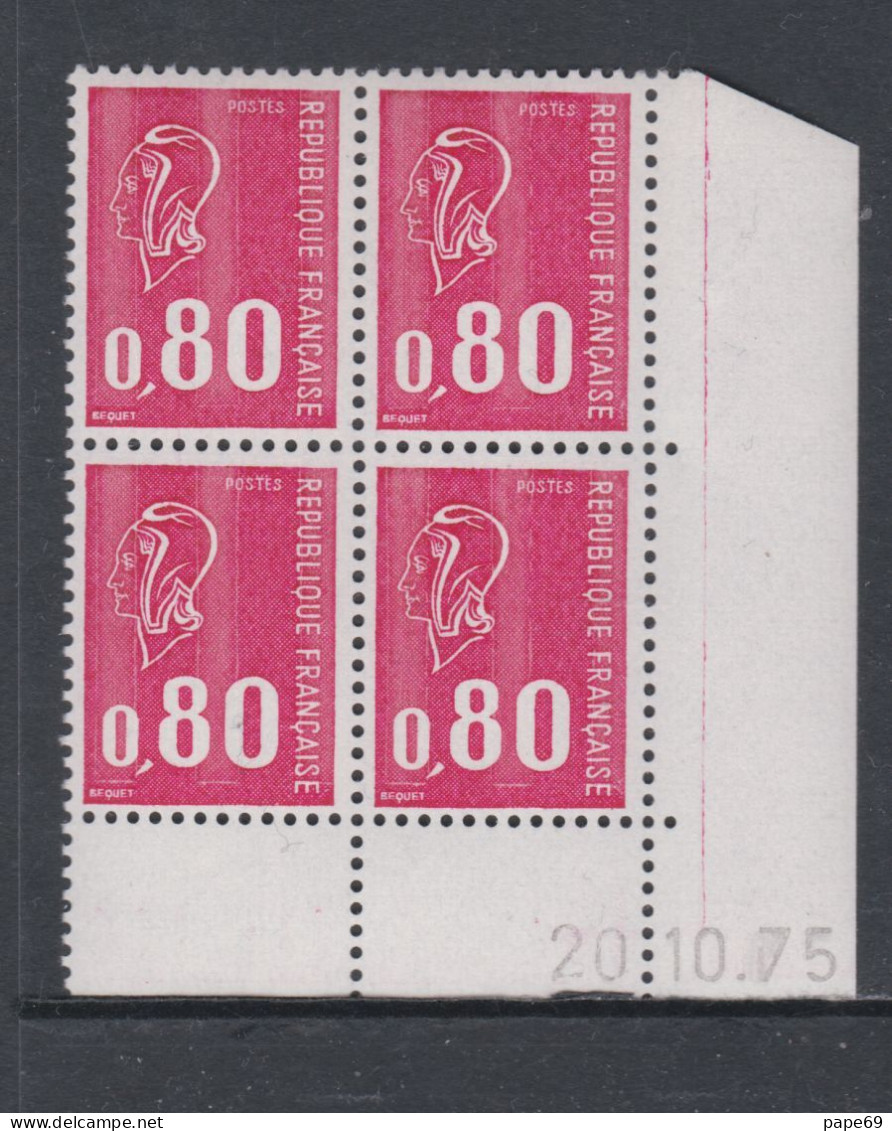 France N° 1816 XX Type Béquet : 80 C. Rouge En Bloc De 4 Coin Daté Du 20 . 10 . 75 ; 3 Bdes Ph. Ss Charnière, TB - 1970-1979
