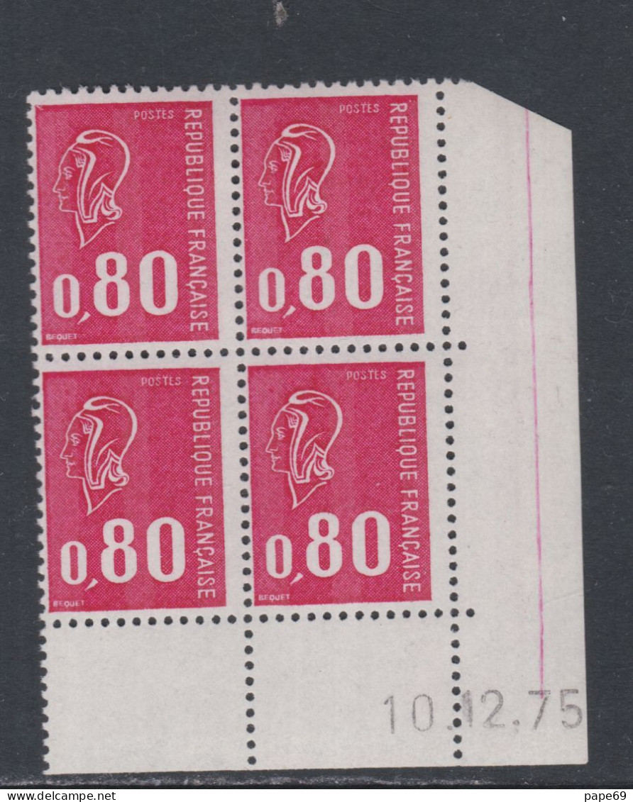 France N° 1816 XX Type Béquet : 80 C. Rouge En Bloc De 4 Coin Daté Du 10 . 12 . 75 ; 3 Bdes Ph. Ss Charnière, TB - 1970-1979