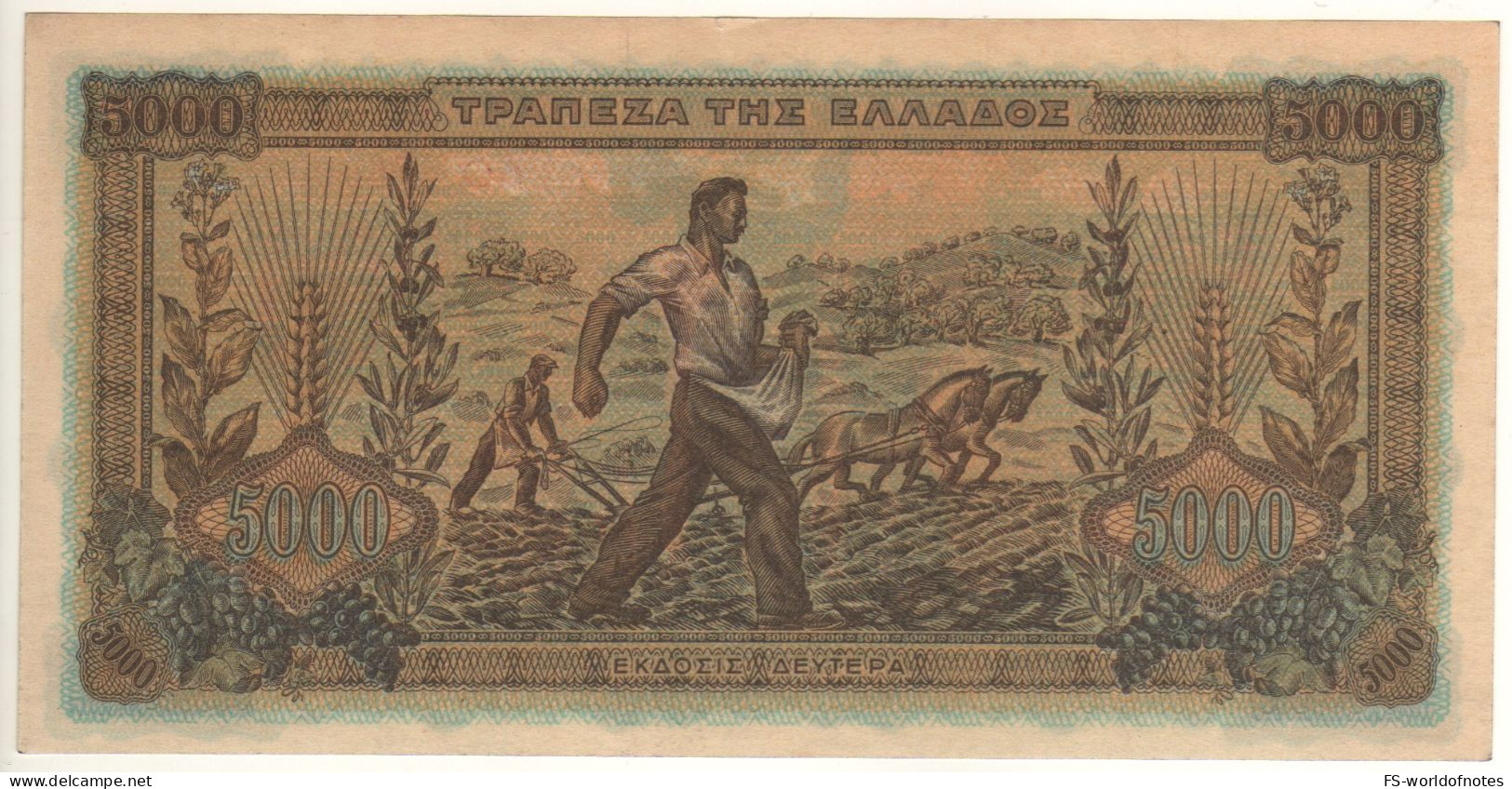 GREECE  5'000 Drachmai  P119a  Dated  20.06.1942    ( At Front Nike Of Samotrakis + Farmers Working At Back ) AU-UNC - Griekenland