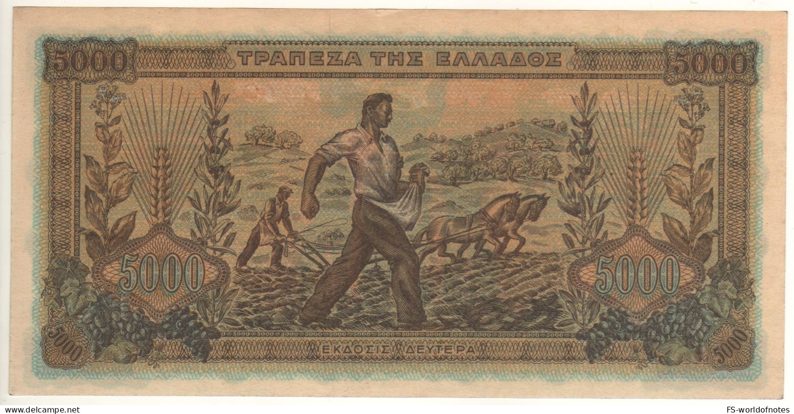 GREECE  5'000 Drachmai  P119a  Dated  20.06.1942    ( At Front Nike Of Samotrakis + Farmers Working At Back ) AU-UNC - Greece