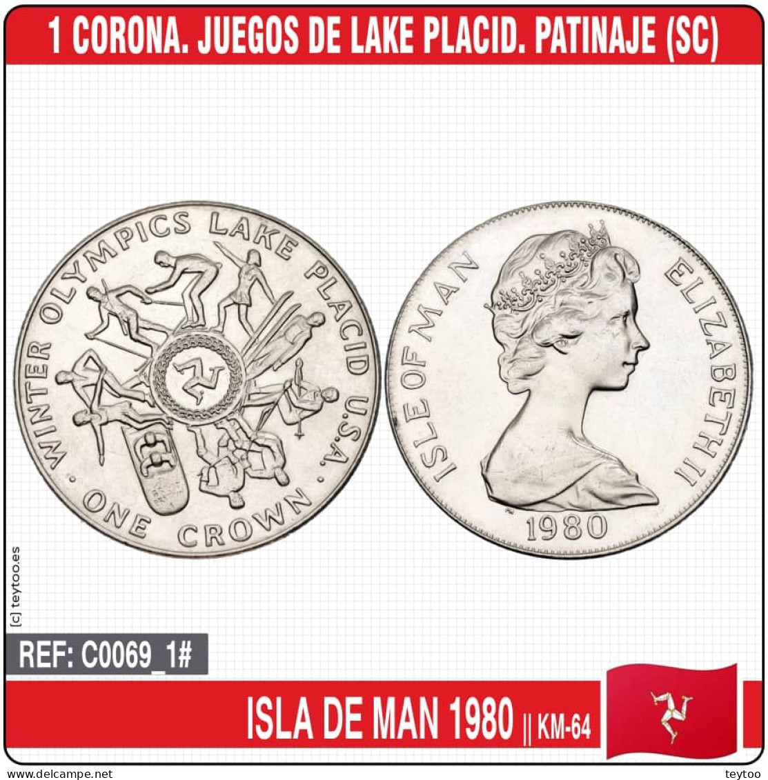 C0069_1# Isla De Man 1980. 1 Corona. Juegos Lake Placid. Patinaje (SC) KM-64 - Kolonies