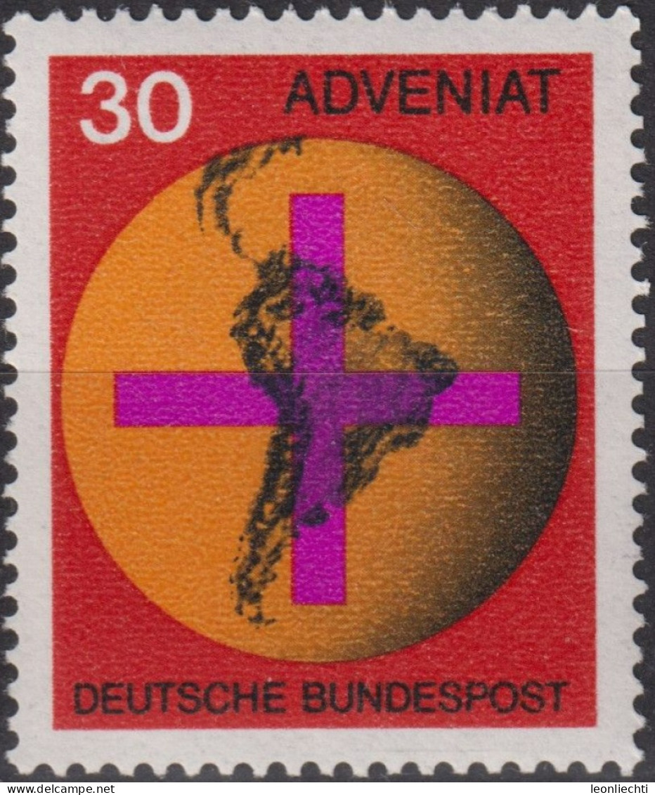1967 Deutschland > BRD, ** Mi:DE 545, Sn:DE 977, Yt:DE 410, Adveniat, Kreuz Vor Weltkugel, Mittel Und Südamerika - Cristianismo