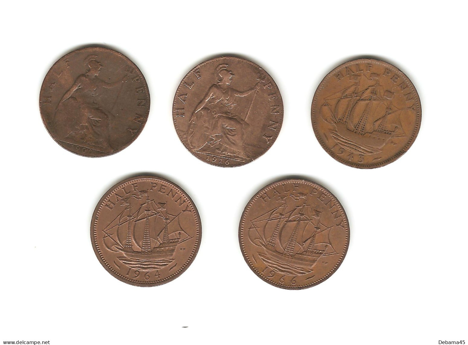 615/ Grande-Bretagne :  5 X 1/2 Penny : 1900 - 1916 - 1943 - 1964 - 1966 - Autres & Non Classés