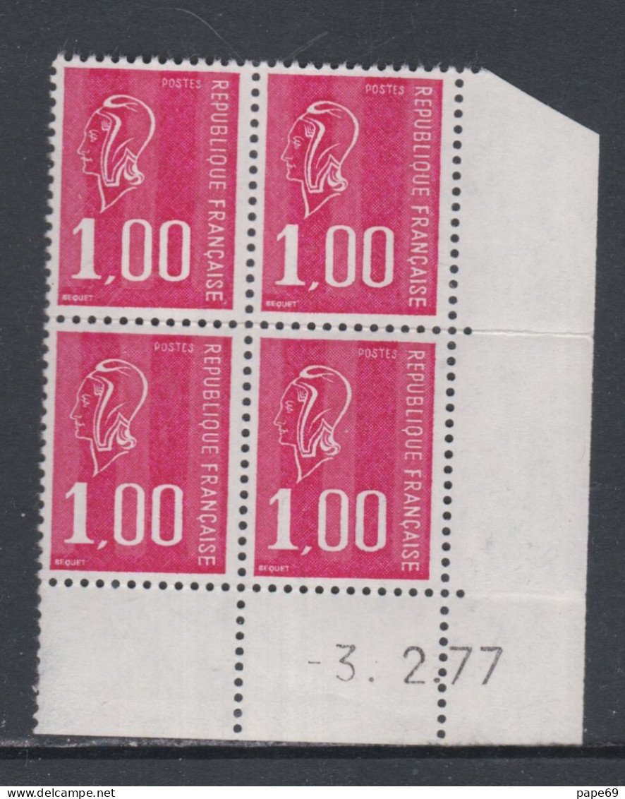 France N° 1892 XX Type Béquet : 1 F. Rouge En Bloc De 4 Coin Daté Du 3 . 2 . 77;   Sans Trait,  Ss Charnière, TB - 1970-1979