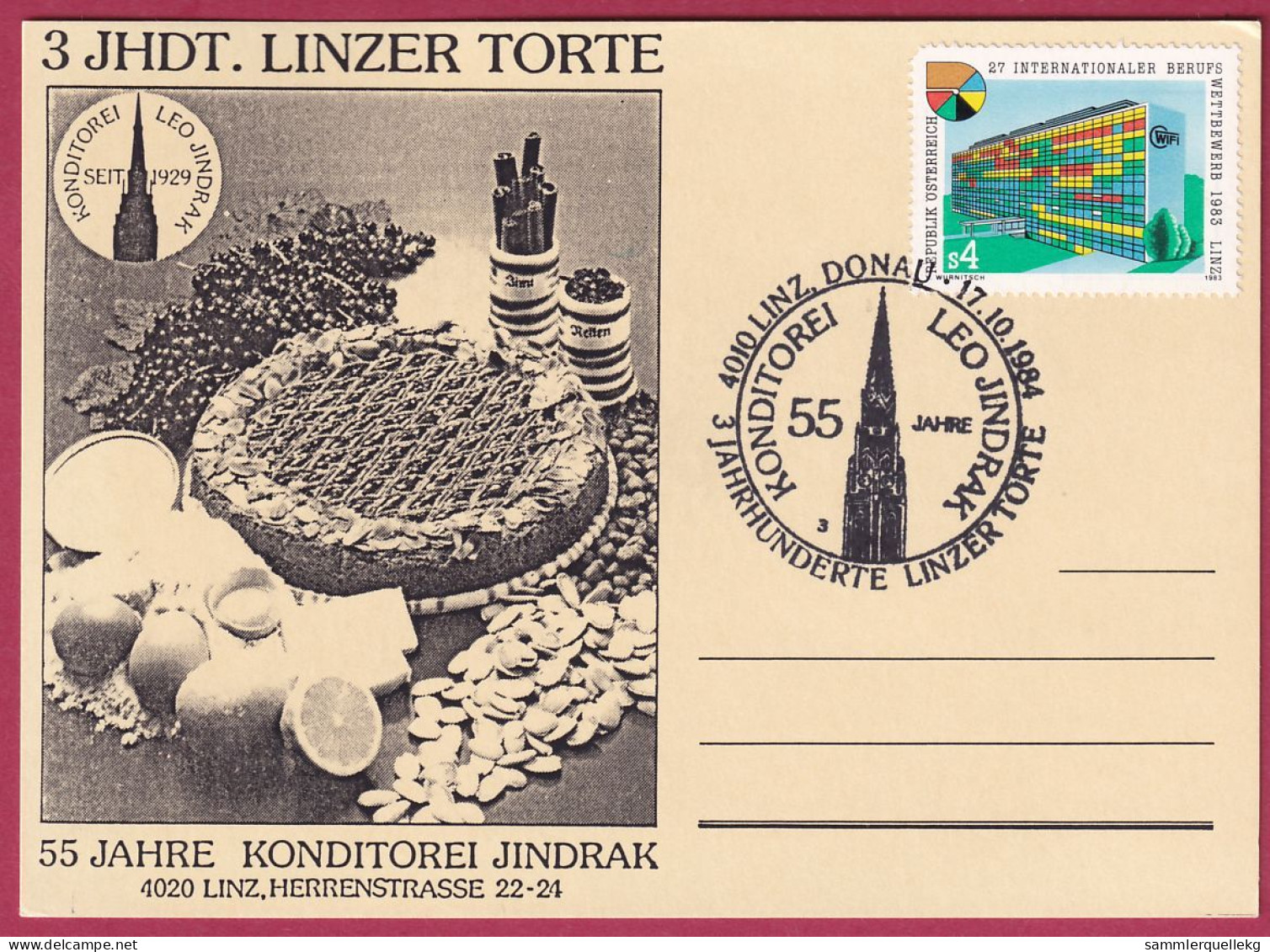 Österreich MNr.1747 Sonderstempel 17. 10. 1984, 55 Jahre Konditorei Jindrak - Linzer Torte - Cartas & Documentos