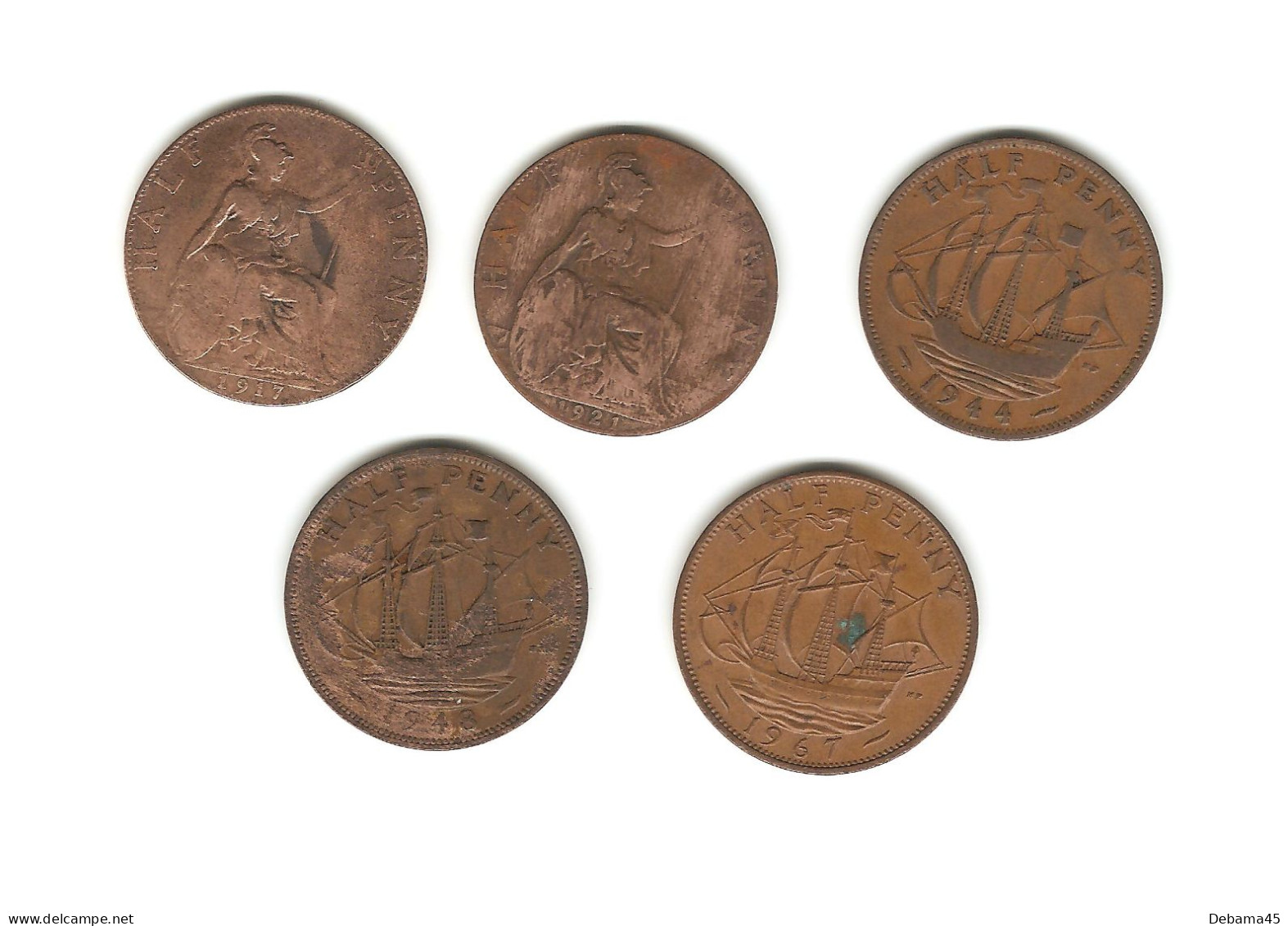 616/ Grande-Bretagne :  5 X 1/2 Penny : 1917 - 1921 - 1944 - 1948 - 1967 - Otros & Sin Clasificación