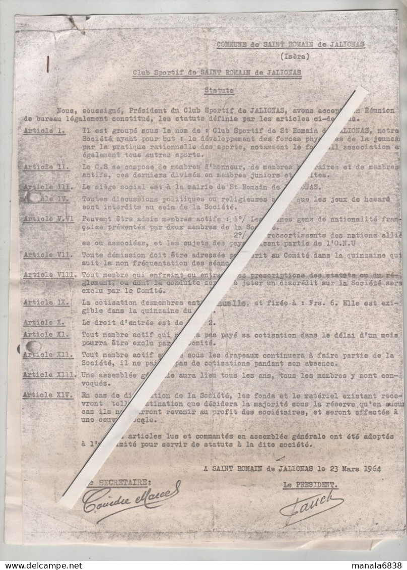 Saint Romain De Jalionas Club Sportif Statuts 1964 Coindre Fauche Pourcher - Non Classés