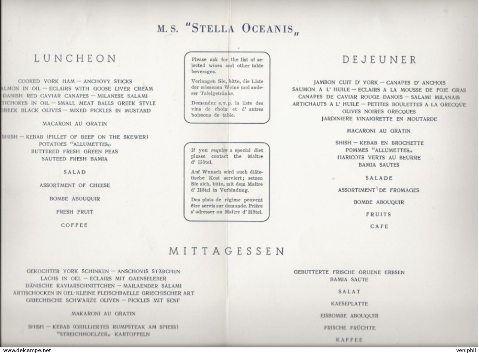 MENU DU PAQUEBOT GREC -" M.S. STELLA OCEANIS "  ANNEES 1960 - TB - Menus