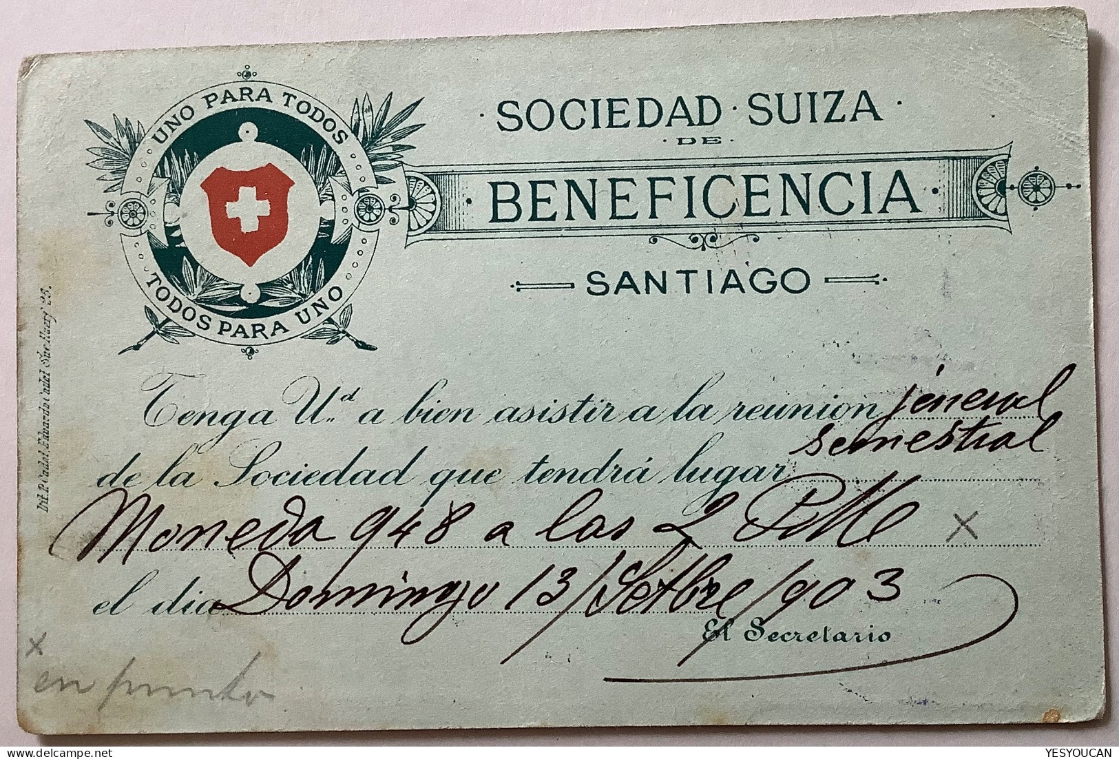 ADVERTISEMENT SOCIEDAD SUIZA 1903Santiago Chile 1c Postal Stationery Card (Schweizer Heimat-Verein Schweiz - Chili