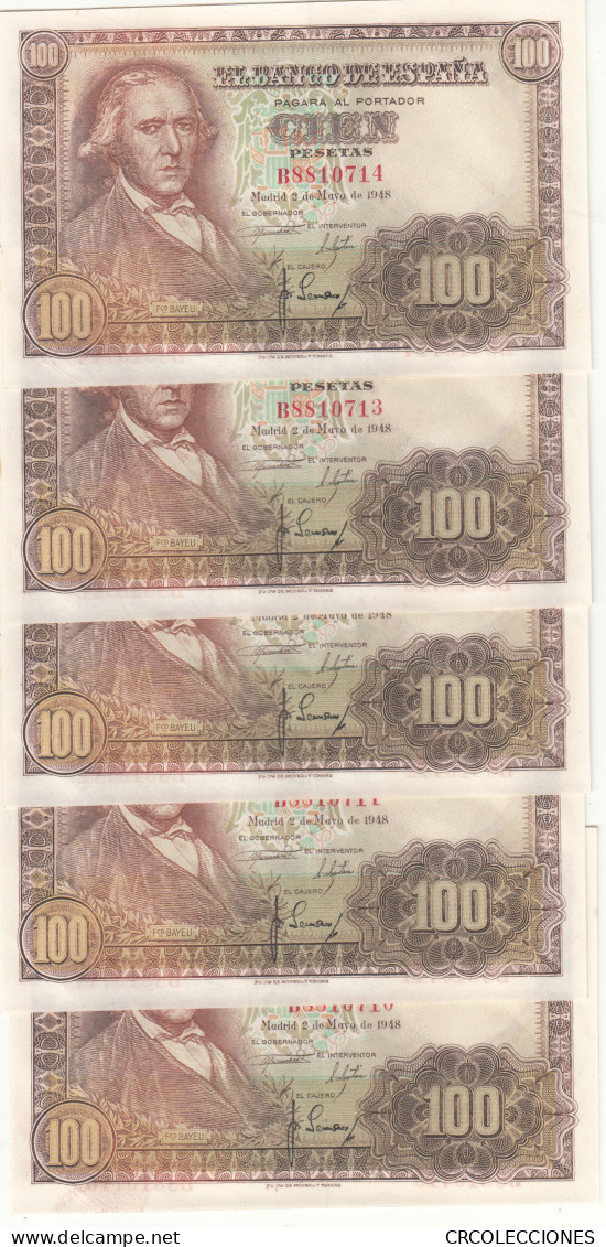 CRBS1140 5 BILLETE CORRELATIVOS ESPAÑA 100 PESETAS 1948 S/C- ALGUNAS MANCHITAS - Other & Unclassified