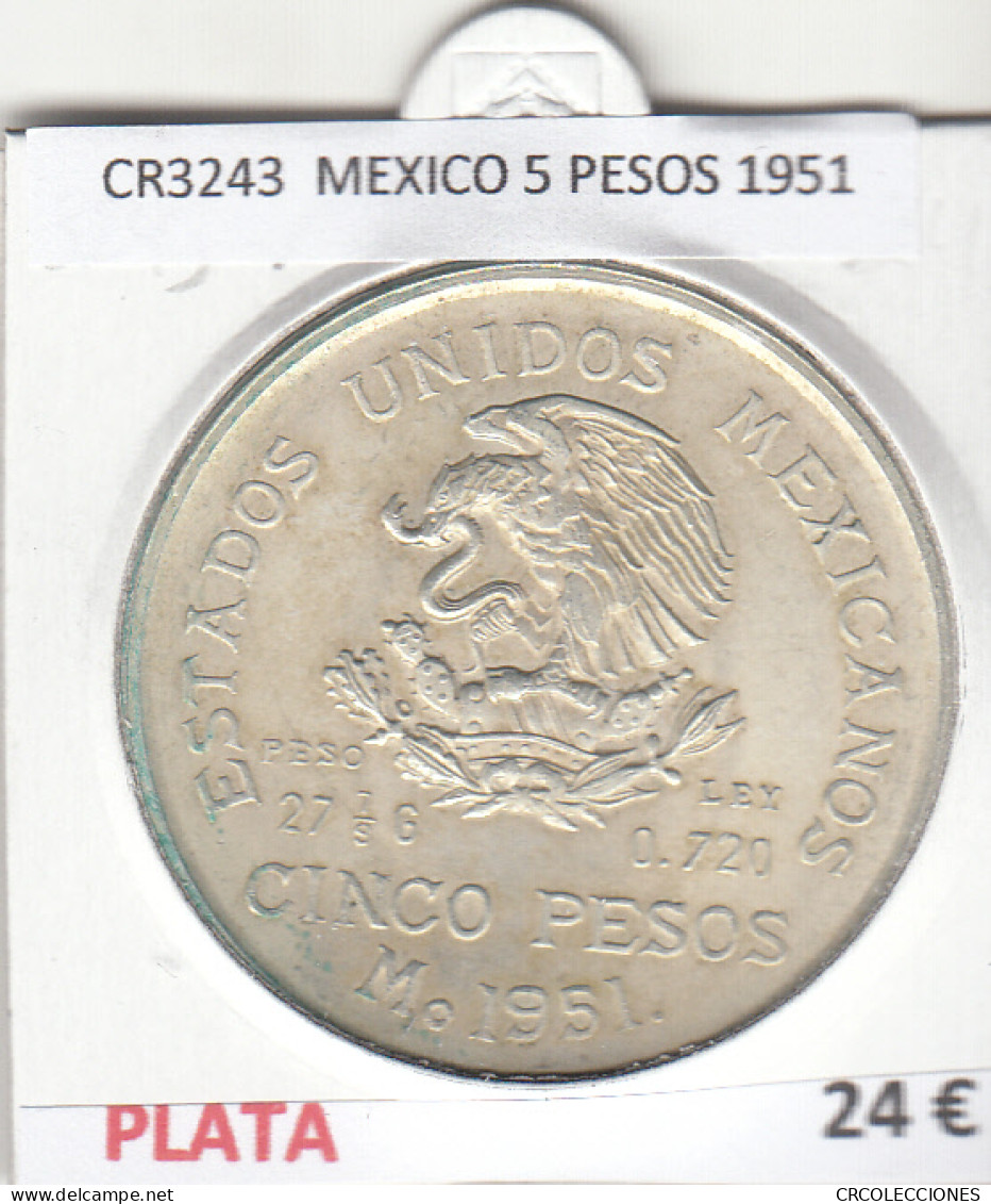 CR3243 MONEDA MEXICO 5 PESOS 1951 PLATA - Autres – Amérique