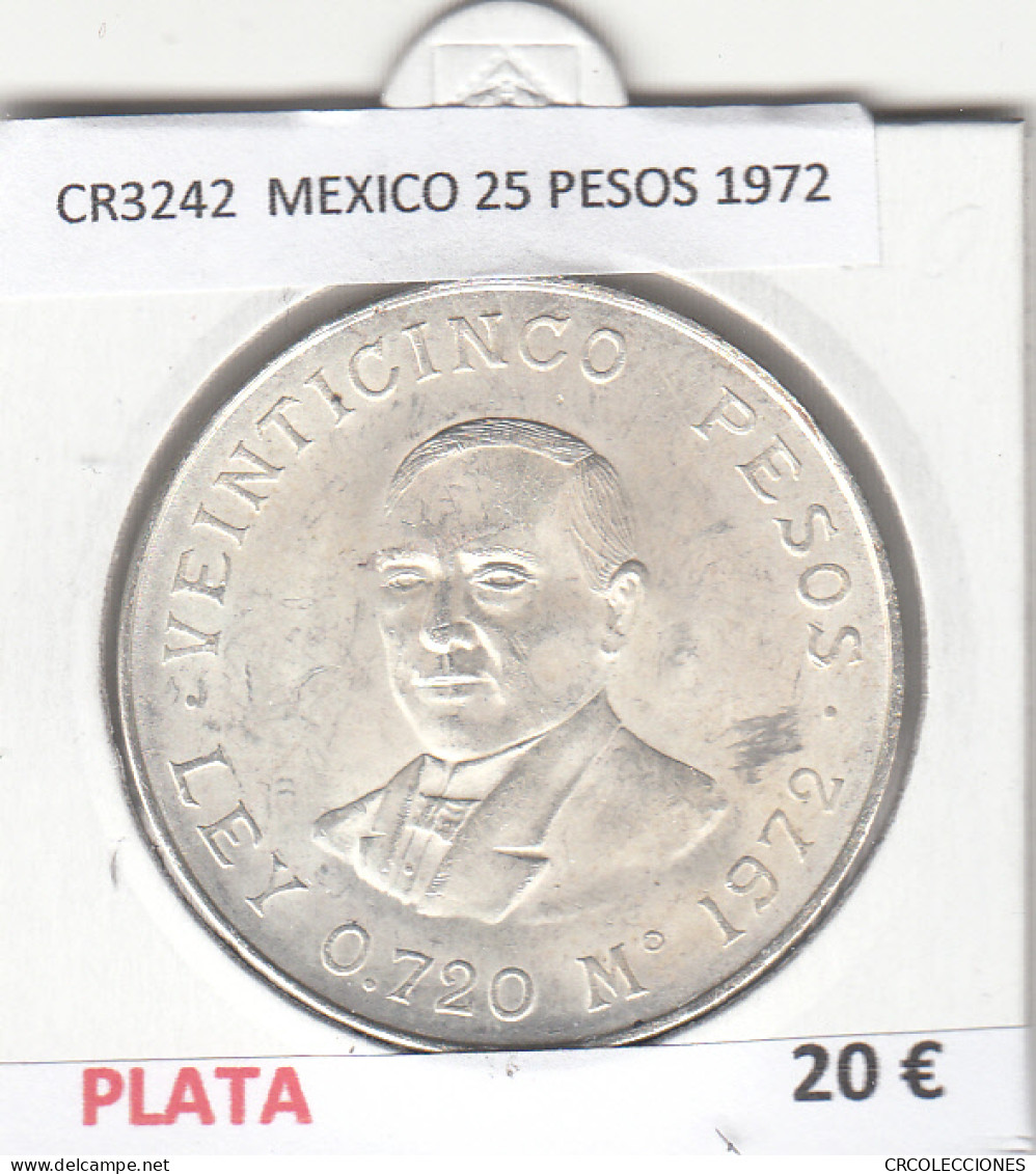 CR3242 MONEDA MEXICO 25 PESOS 1972 PLATA - Autres – Amérique