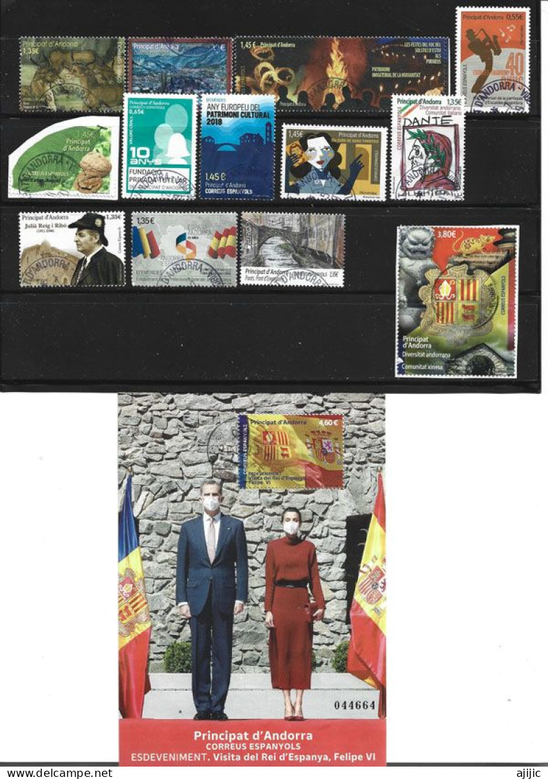 Año 2018. Andorra: Correos Español. 14 Sellos Usados + Hojita Felipe VI Rey De España, 1ª Calidad. (alto Facial) - Gebraucht