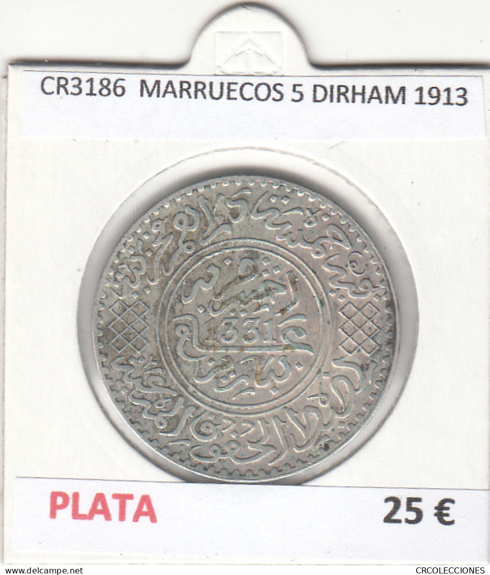 CR3186 MONEDA MARRUECOS 5 DIRHAM 1913 MBC PLATA - Sonstige – Afrika