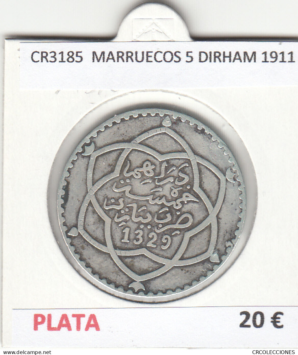 CR3185 MONEDA MARRUECOS 5 DIRHAM 1911 MBC PLATA - Andere - Afrika