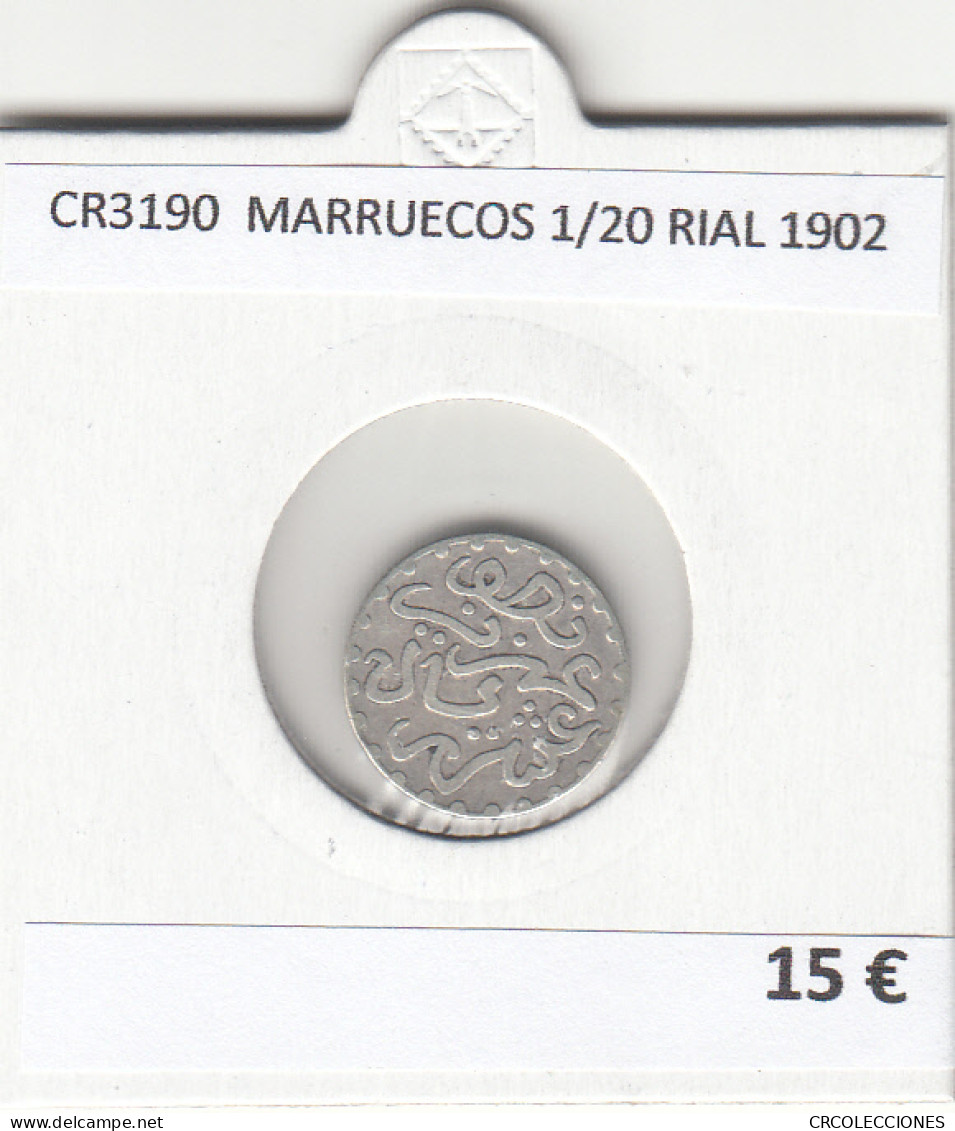 CR3190 MONEDA MARRUECOS 1/20 RIAL 1902 MBC PLATA  - Autres – Afrique
