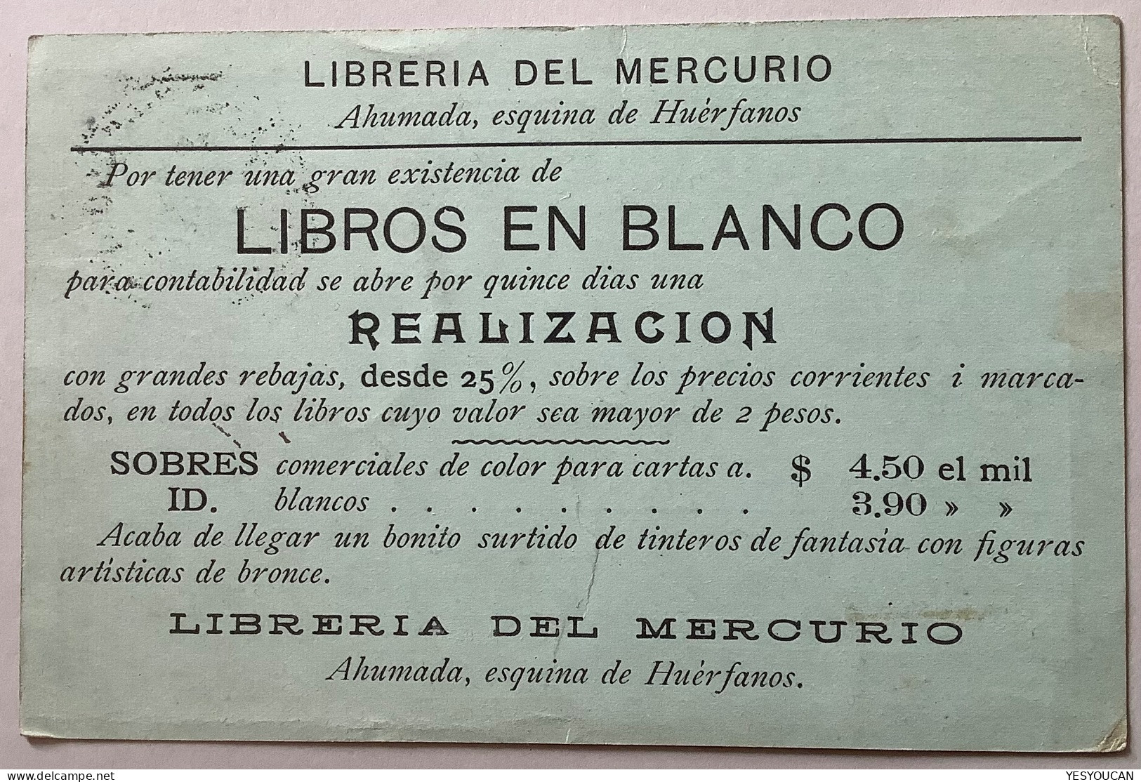 ADVERTISEMENT LIBRERIA DEL MERCURIO 1897 Santiago Chile 1c Postal Stationery Card(librairie Livre Huerfanos Libros Books - Chile