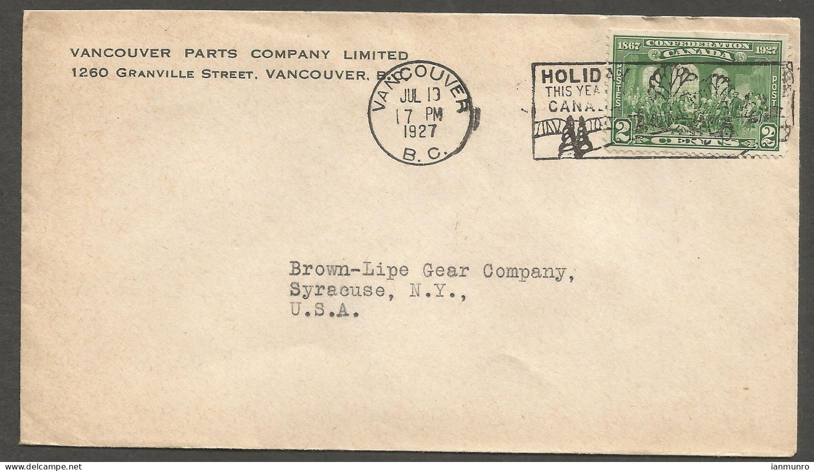 1927 Vancouver Parts Company Corner Card Cover 2c Confederation Slogan BC - Storia Postale